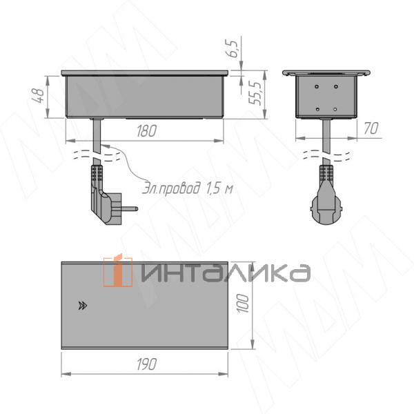 Блок розеток со сдвижной крышкой, 190*100 мм, 2 розетки, 1 USB, 1 USB Type-C, быстрая зарядка, черный – 4