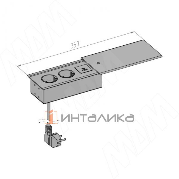 Блок розеток со сдвижной крышкой, 190*100 мм, 2 розетки, 1 USB, 1 USB Type-C,  быстрая зарядка, серебро – 5