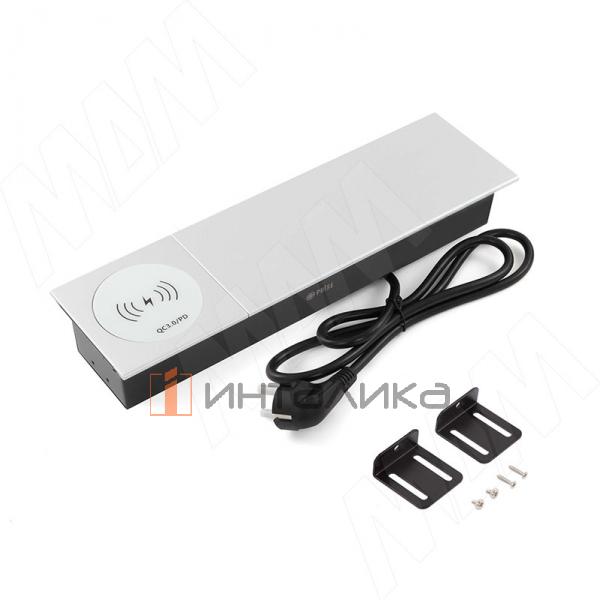 Блок розеток со сдвижной крышкой, 350*100 мм, 2 розетки, 1 USB, 1 USB Type-C, быстрая зарядка, беспроводная зарядка, серебро – 2