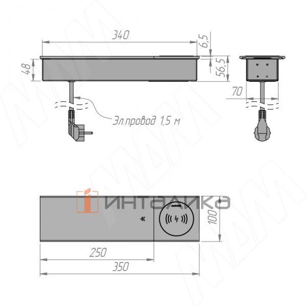 Блок розеток со сдвижной крышкой, 350*100 мм, 2 розетки, 1 USB, 1 USB Type-C, быстрая зарядка, беспроводная зарядка, черный – 4