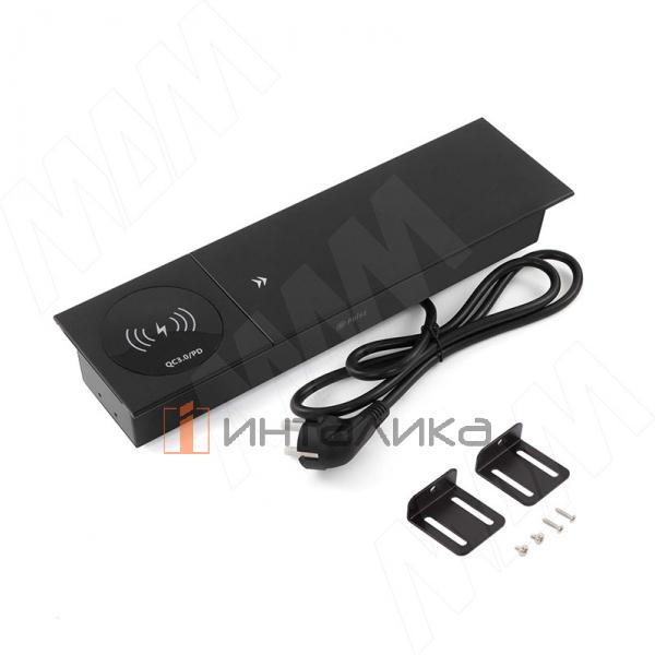 Блок розеток со сдвижной крышкой, 350*100 мм, 2 розетки, 1 USB, 1 USB Type-C, быстрая зарядка, беспроводная зарядка, черный – 2