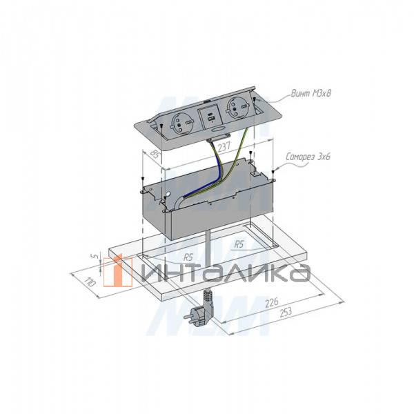 POP-UP выдвижной блок розеток, 265*118 мм, 2 розетки, 1 USB, 1 USB Type-C, быстрая зарядка, черный – 3