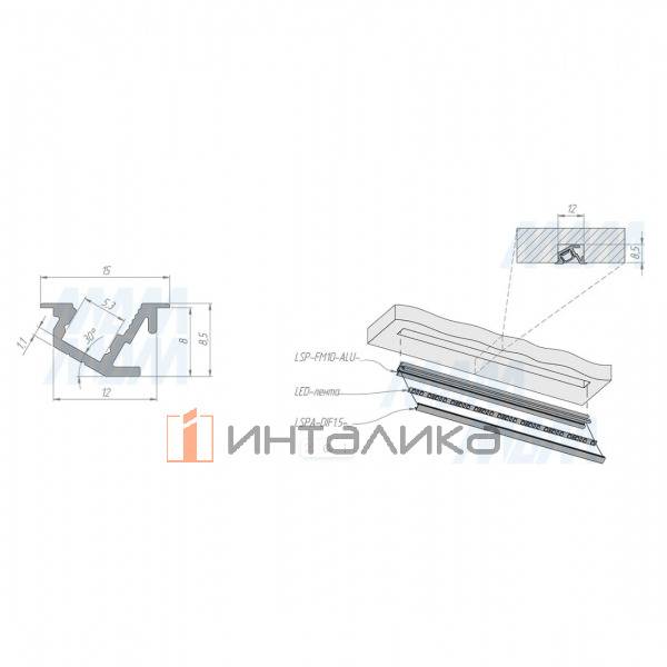 Профиль FM10, врезной, угловой узкий, для ленты с основанием 5мм, золото матовое, 15х8,5мм, L-3000 – 4