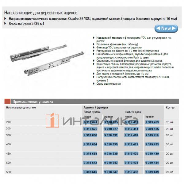 Комплект скрытых направляющих HETTICH Quadro 25 YOU, Push to open, частичное выдвижение, NL450, EB21, G25 – 2