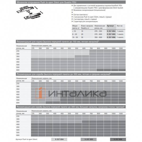 Комплект скрытых направляющих HETTICH Quadro V6 YOU S, Push to Open Silent, полное выдвижение, G10, NL250, снаряжённый вес ящика 10кг – 2