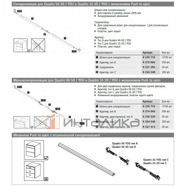 Комплект скрытых направляющих HETTICH Quadro 25 2D, Push to open, частичное выдвижение, NL450, EB23, G25 – 4