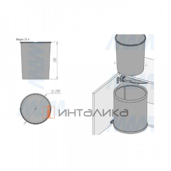 LINEA Ведро для мусора подвесное 13л с крышкой, с крепежом, нержавеющая сталь, серый металлик – 7