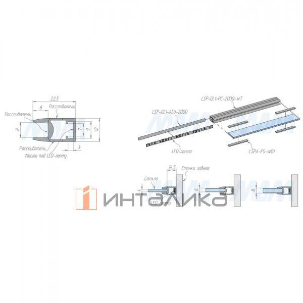 Профиль GL1 для торцевой подсветки стеклянной полки 4-8 мм, накладной, черный, 23х12мм, L-2000 – 2