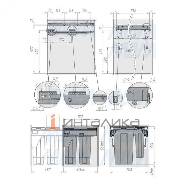 PROBOX LT F60 Система сортировки и хранения, 4 емкости (2x9+2x27), креп. фасада, полн.выдв., плавн.закр., графит – 3