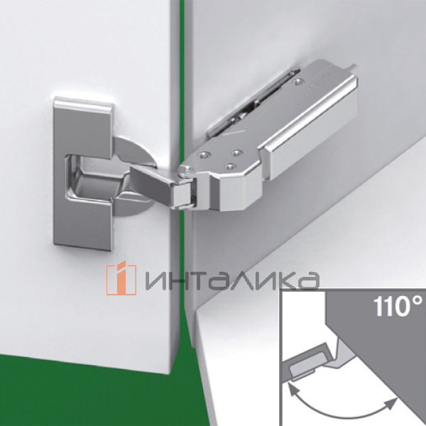 Петля GRASS Tiomos +45/110°, для угловых фасадов 16-24 мм, вкладная, с доводчиком, Ø35, под саморезы, никель – 3