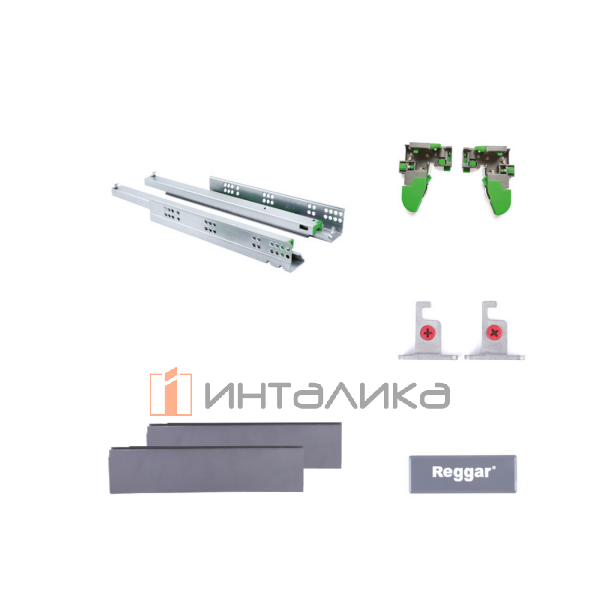 Комплект тонкостенного ящика REGGAR U-BOX, с доводчиком, полное выдвижение, 3D регулировка, H63, NL450, G35, графит – 2