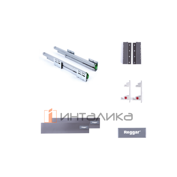 Комплект тонкостенного ящика REGGAR D-BOX, с доводчиком, полное выдвижение, 3D регулировка, H135, NL400, G40, графит – 2