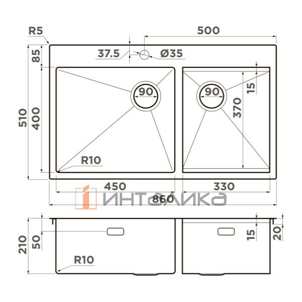 Мойка Omoikiri Akisame 86-2 Side нержавеющая сталь, 900, накладная, графит – 3