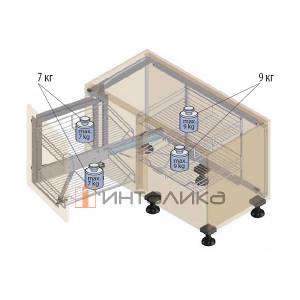 Волшебный уголок  KESSEBOHMER 450, 4 полки Arena style, Anti-slip, с доводчиком на закрывание, H525мм, правый, хром – 7