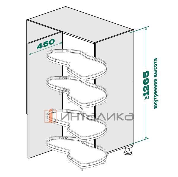 Поворотно-выдвижной механизм KESSEBOHMER Le Mans 450, 4 полки Arena style с доводчиками на закрывание, Anti-slip, H1265мм, правый, белый/хром – 7