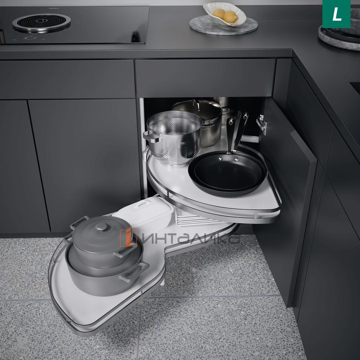 Поворотно-выдвижной механизм KESSEBOHMER Le Mans 500, 2 полки Arena style с доводчиками на закрывание, Anti-slip, H720-900мм, левый, белый/хром