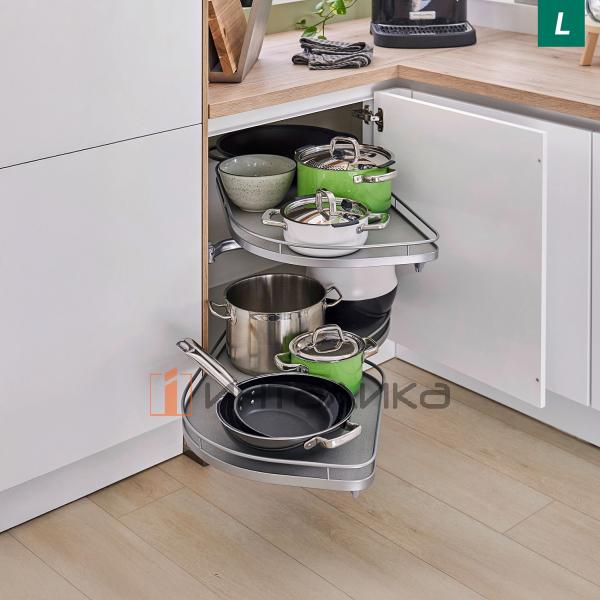 Поворотно-выдвижной механизм KESSEBOHMER Le Mans 400, 2 полки Arena classic с доводчиками на закрывание, Anti-slip, H720-900мм, левый, титан – 3