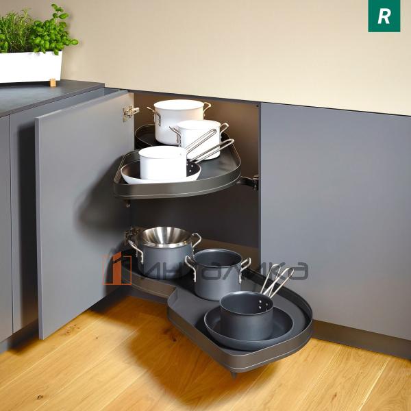 Поворотно-выдвижной механизм KESSEBOHMER Le Mans 450, 2 полки Arena pure с доводчиками на закрывание, Anti-slip, H600-750мм, правый, антрацит – 4