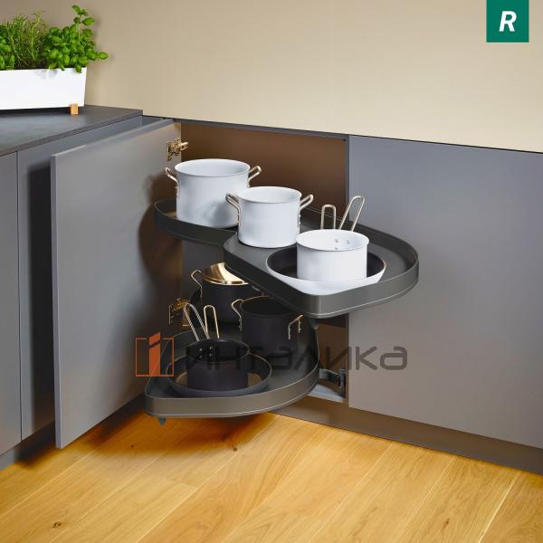 Поворотно-выдвижной механизм KESSEBOHMER Le Mans 450, 2 полки Arena pure с доводчиками на закрывание, Anti-slip, H600-750мм, правый, антрацит – 3