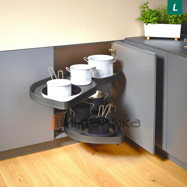 Поворотно-выдвижной механизм KESSEBOHMER Le Mans 500, 2 полки Arena pure с доводчиками на закрывание, Anti-slip, H600-750мм, левый, антрацит – 3