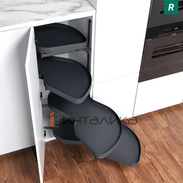 Поворотно-выдвижной механизм KESSEBOHMER Le Mans 500, 4 полки Arena pure с доводчиками на закрывание, Anti-slip, H1265мм, правый, антрацит – 2