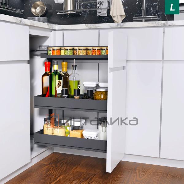 Выдвижной механизм KESSEBOHMER Comfort 400, 2 полки Arena pure + полка для специй, Anti-slip, H654, левый, антрацит – 3