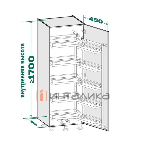 Распашной шкаф-колонна KESSEBOHMER Tandem II 450, 5 полок Arena style с доводчиком на закрывание, Anti-slip, H1700, G70, белый/хром – 5