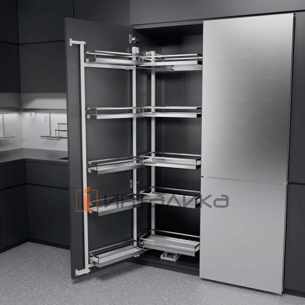 Распашной шкаф-колонна KESSEBOHMER Tandem II 600, 5 полок Arena style с доводчиком на закрывание, Anti-slip, H1700, G70, белый/хром – 3