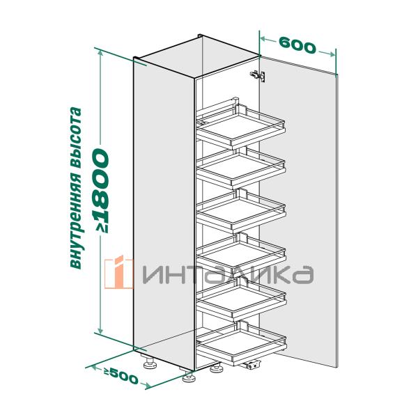 Распашной шкаф-колонна KESSEBOHMER Tandem Solo 600, 6 полок Arena style с доводчиком на закрывание, Anti-slip, H1800, G100, белый/хром – 6