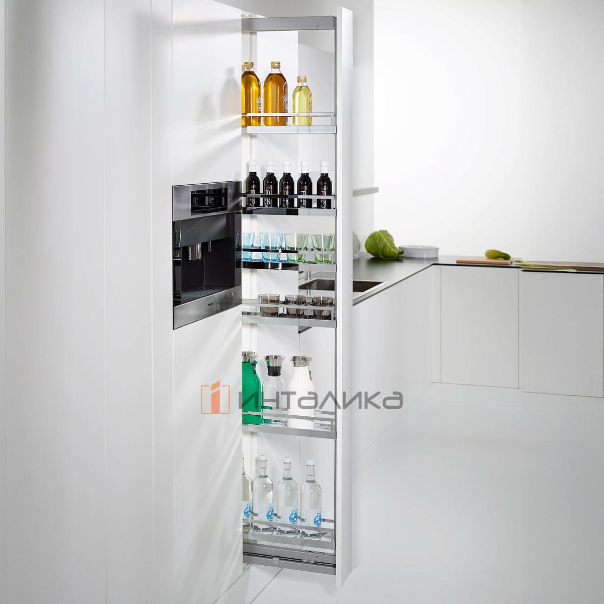 Выдвижной шкаф-колонна KESSEBOHMER Dispensa 150, 6 полок Arena style с доводчиком на закрывание, частичное выдвижение, Anti-slip, H1900-2300, G100, белый/хром