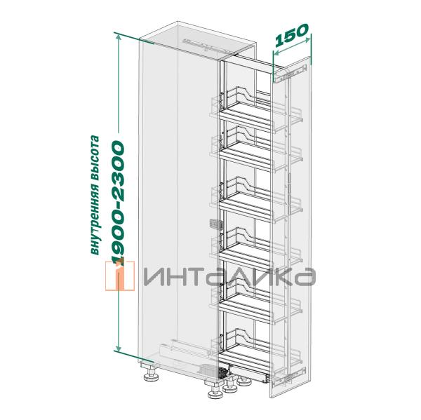 Выдвижной шкаф-колонна KESSEBOHMER Dispensa 150, 6 полок Arena style с доводчиком на закрывание, частичное выдвижение, Anti-slip, H1900-2300, G100, белый/хром – 4