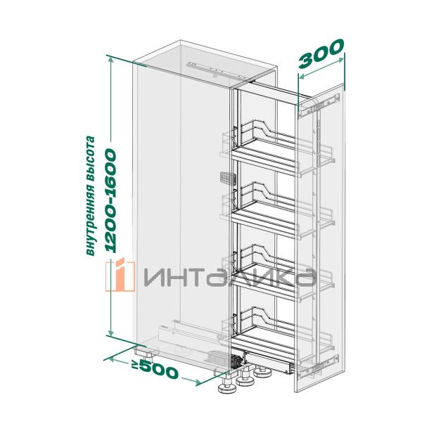 Выдвижной шкаф-колонна KESSEBOHMER Dispensa Youboxx 300, 3 полки Arena style, полное выдвижение, набор Youboxx №3, Anti-slip, H1200-1600, хром – 2