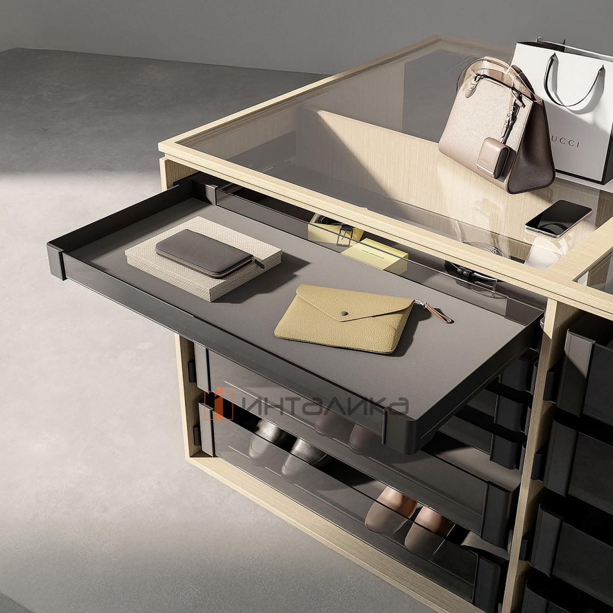 Комплект полка внутренняя выдвижная со стеклом 450, КЕССЕБЁМЕР / KESSEBOHMER Конеро, H 72, W 484-544, без дна, черный