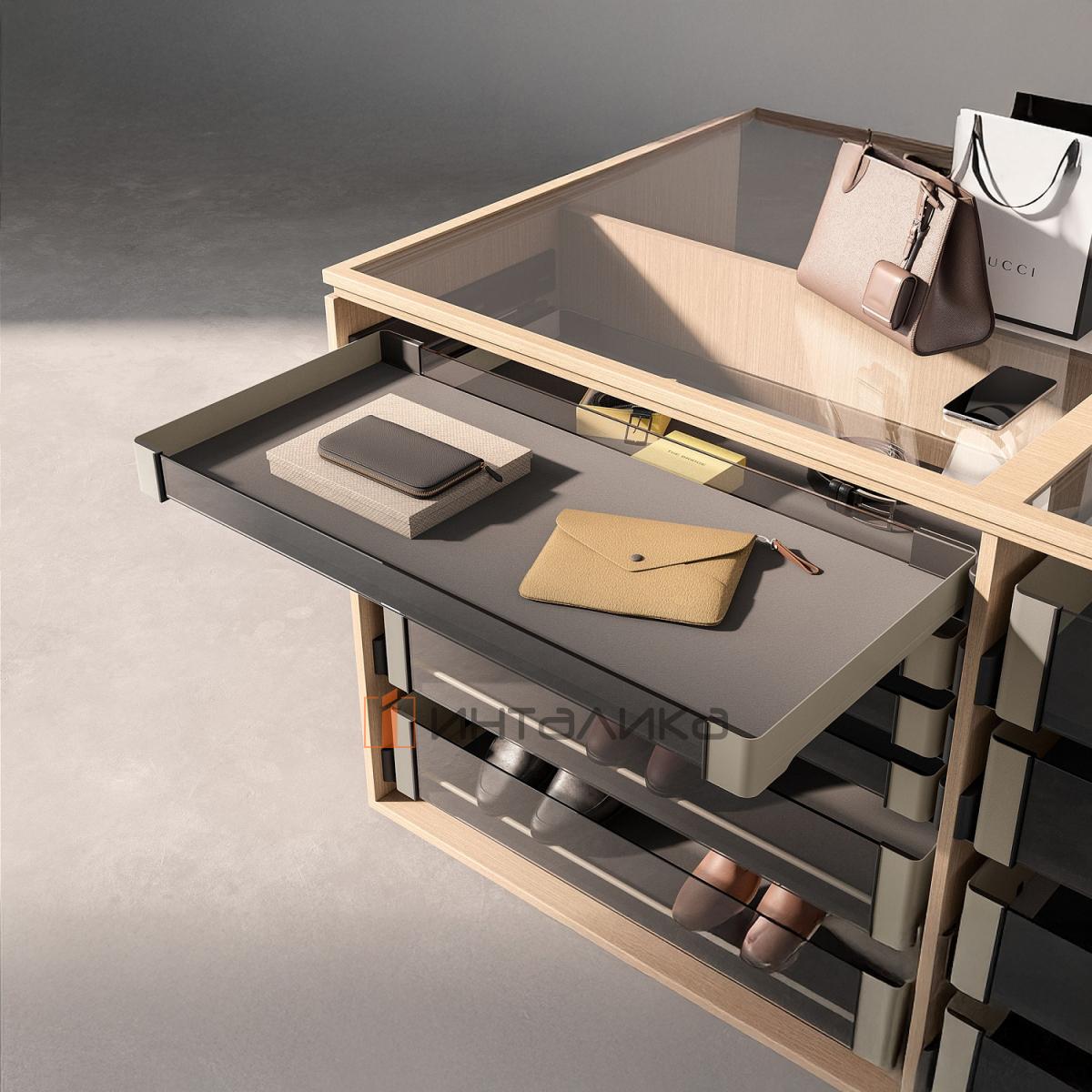 Комплект полка внутренняя выдвижная со стеклом 450, КЕССЕБЁМЕР / KESSEBOHMER Конеро, H 72, W 960-1020, без дна, шампань