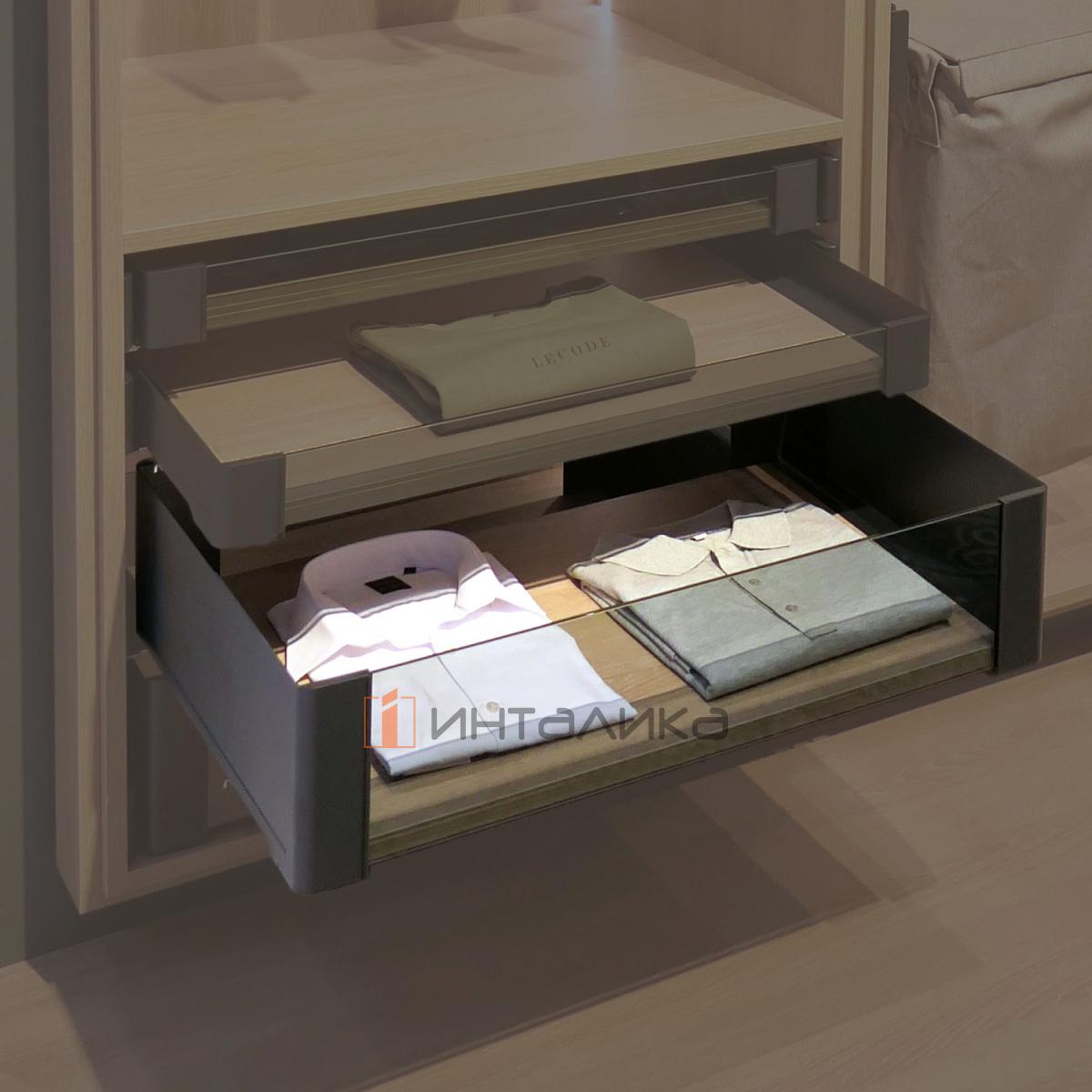 Комплект полка внутренняя выдвижная со стеклом 450, КЕССЕБЁМЕР / KESSEBOHMER Конеро, H 168, W 610-670, без дна, черный