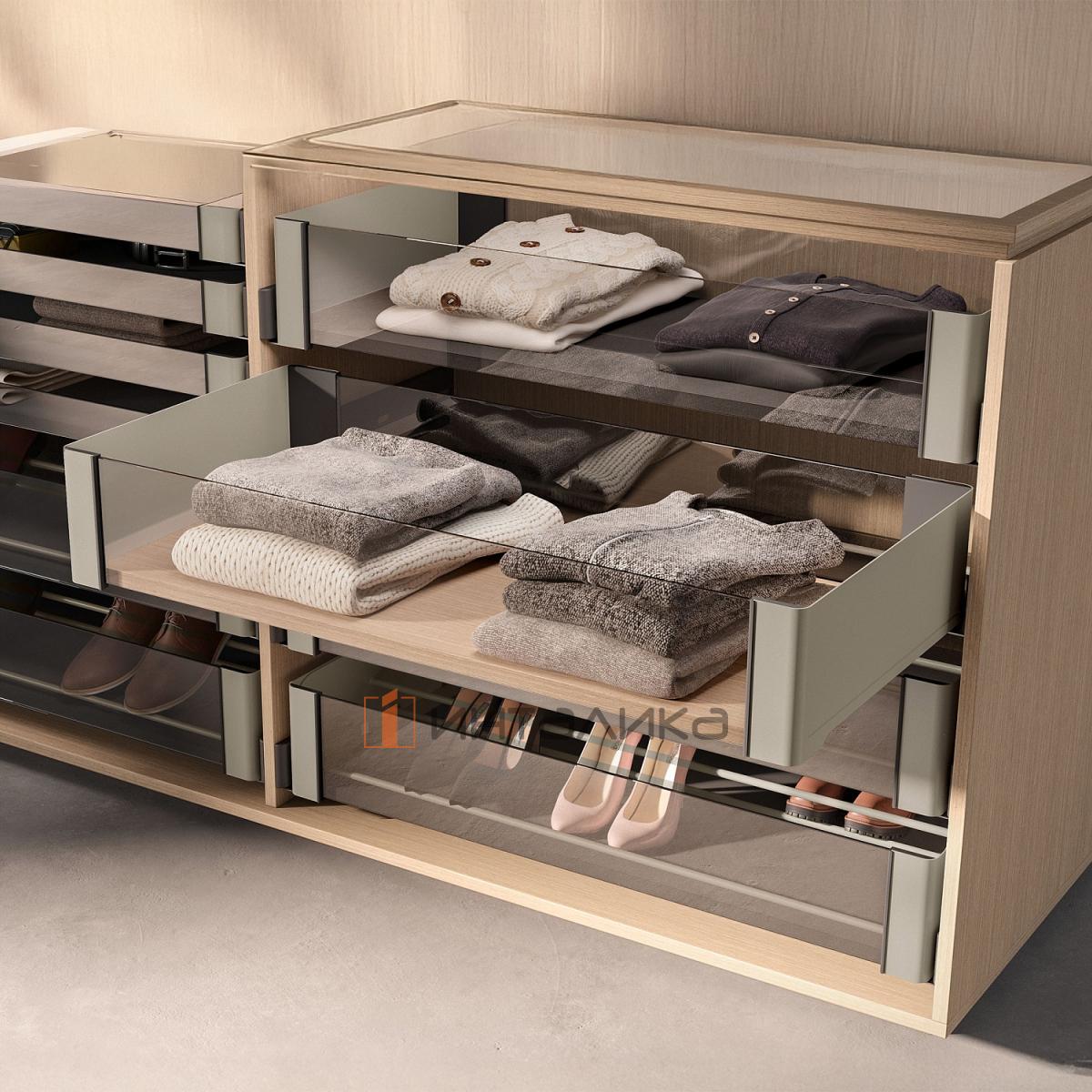 Комплект полка внутренняя выдвижная со стеклом 450, КЕССЕБЁМЕР / KESSEBOHMER Конеро, H 168, W 760-820, без дна, шампань