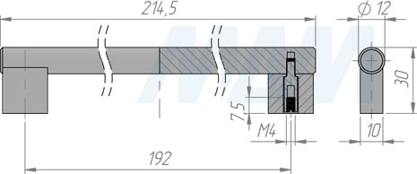 Размеры ручки-рейлинга  с межцентровым расстоянием 192 мм (артикул RH.02.192)
