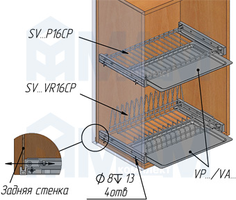 Схема установки посудосушителей ROUND для тарелок и чашек с гладкой рамкой и держателем задней стенки (Vibo)
