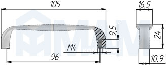 Размеры ручки-скобы SERPENTE с межцентровым расстоянием 96 мм (артикул UR43)
