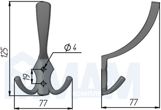 Размеры трехрожкового крючка (артикул WP59)